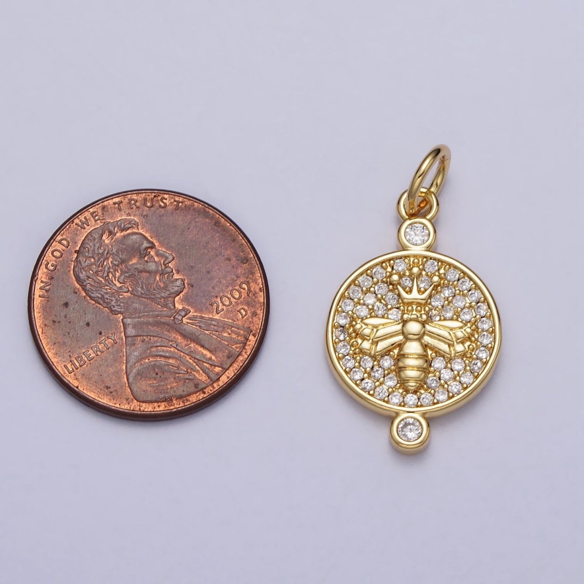 Gold, Silver Double Sided Queen Bee Insect Sunburst Lined Micro Paved CZ Round Charm | AC981 AC986