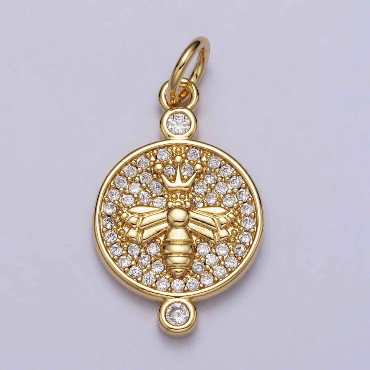 Gold, Silver Double Sided Queen Bee Insect Sunburst Lined Micro Paved CZ Round Charm | AC981 AC986