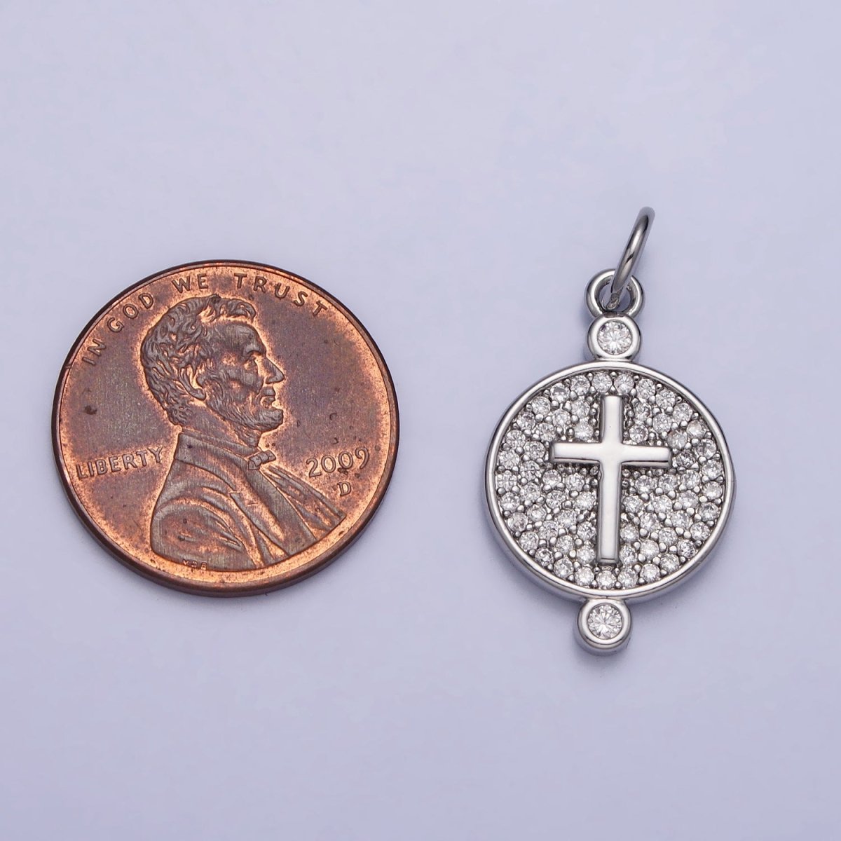 Gold, Silver Double Sided Religious Latin Cross Sunburst Lined Micro Paved CZ Round Charm | AC983 AC989