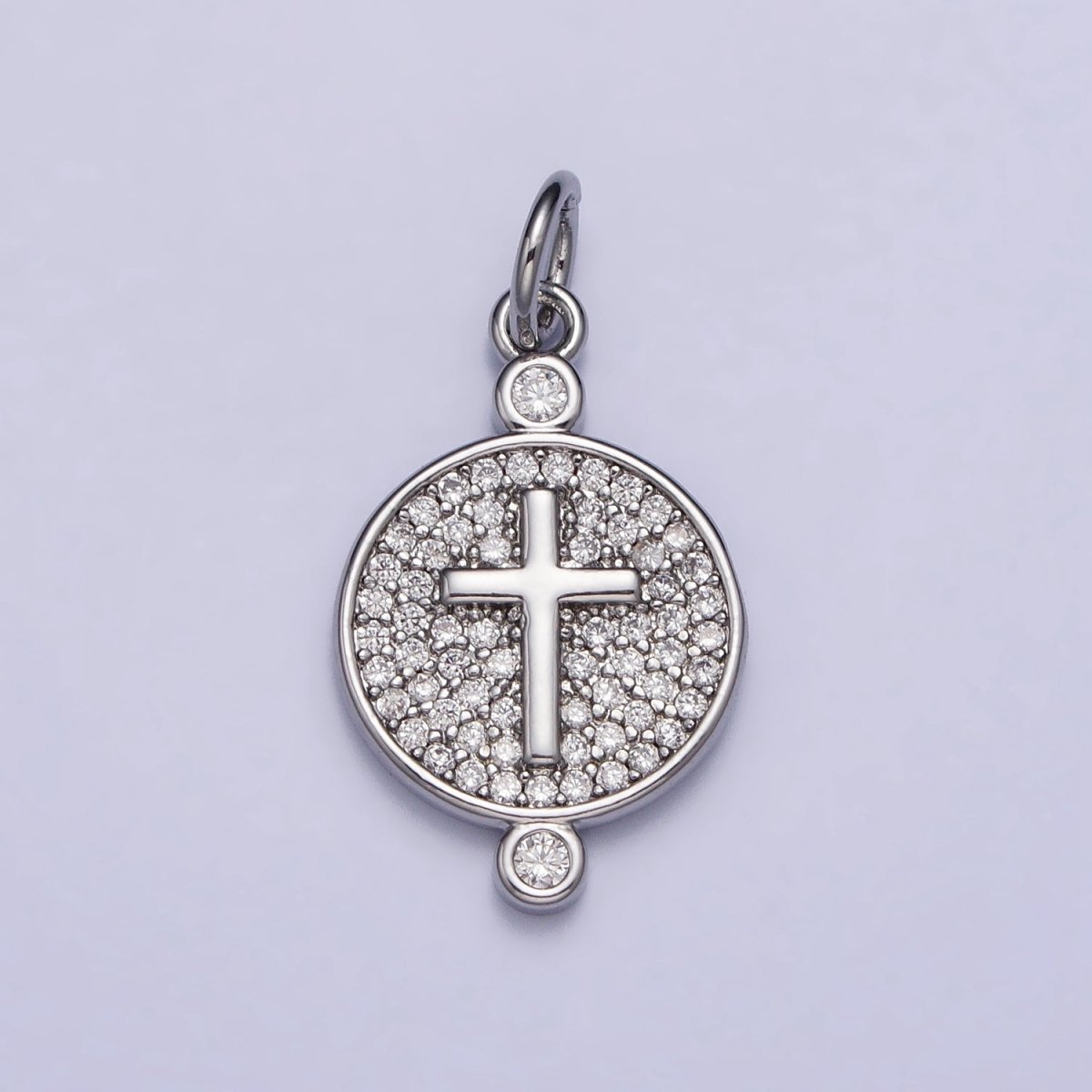 Gold, Silver Double Sided Religious Latin Cross Sunburst Lined Micro Paved CZ Round Charm | AC983 AC989