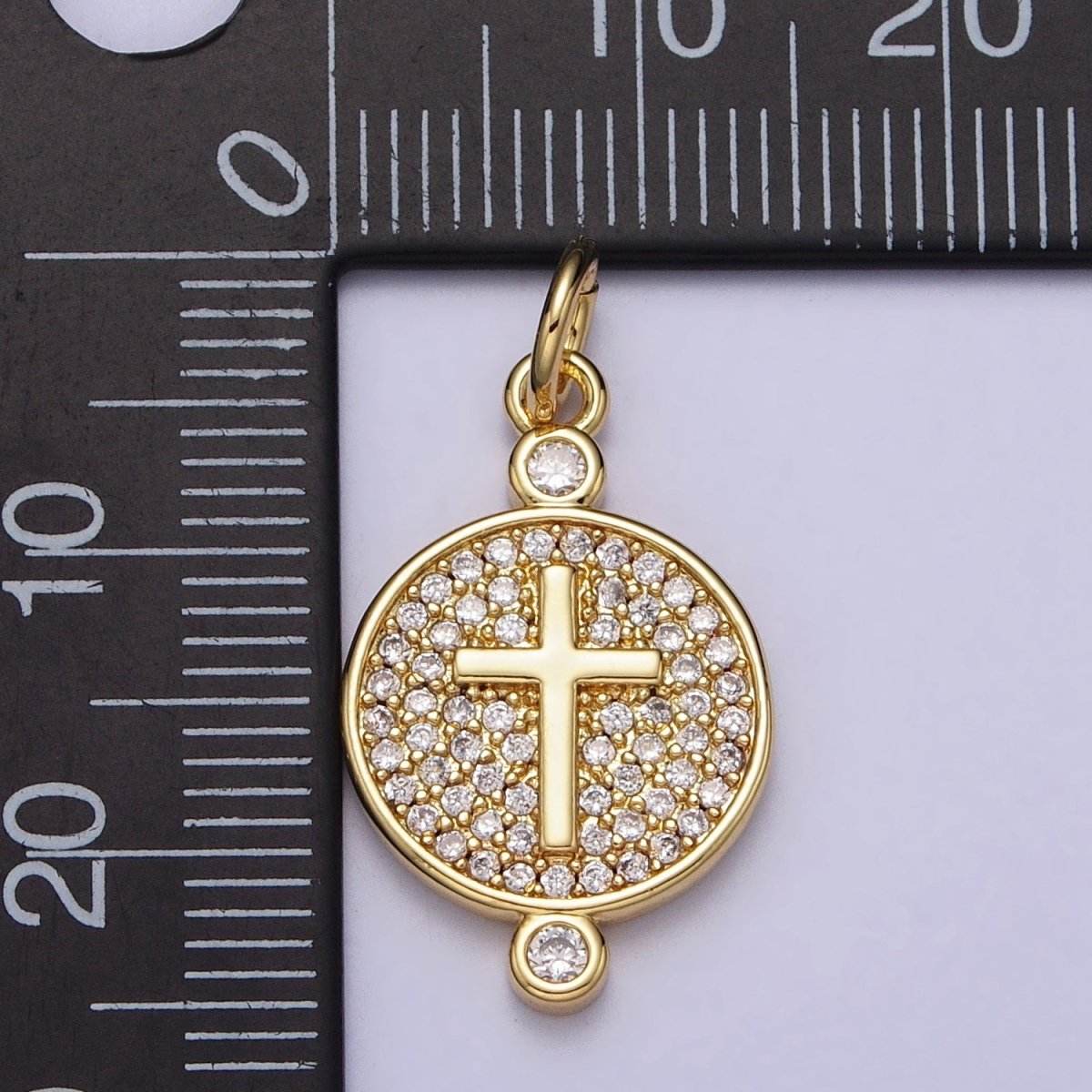 Gold, Silver Double Sided Religious Latin Cross Sunburst Lined Micro Paved CZ Round Charm | AC983 AC989