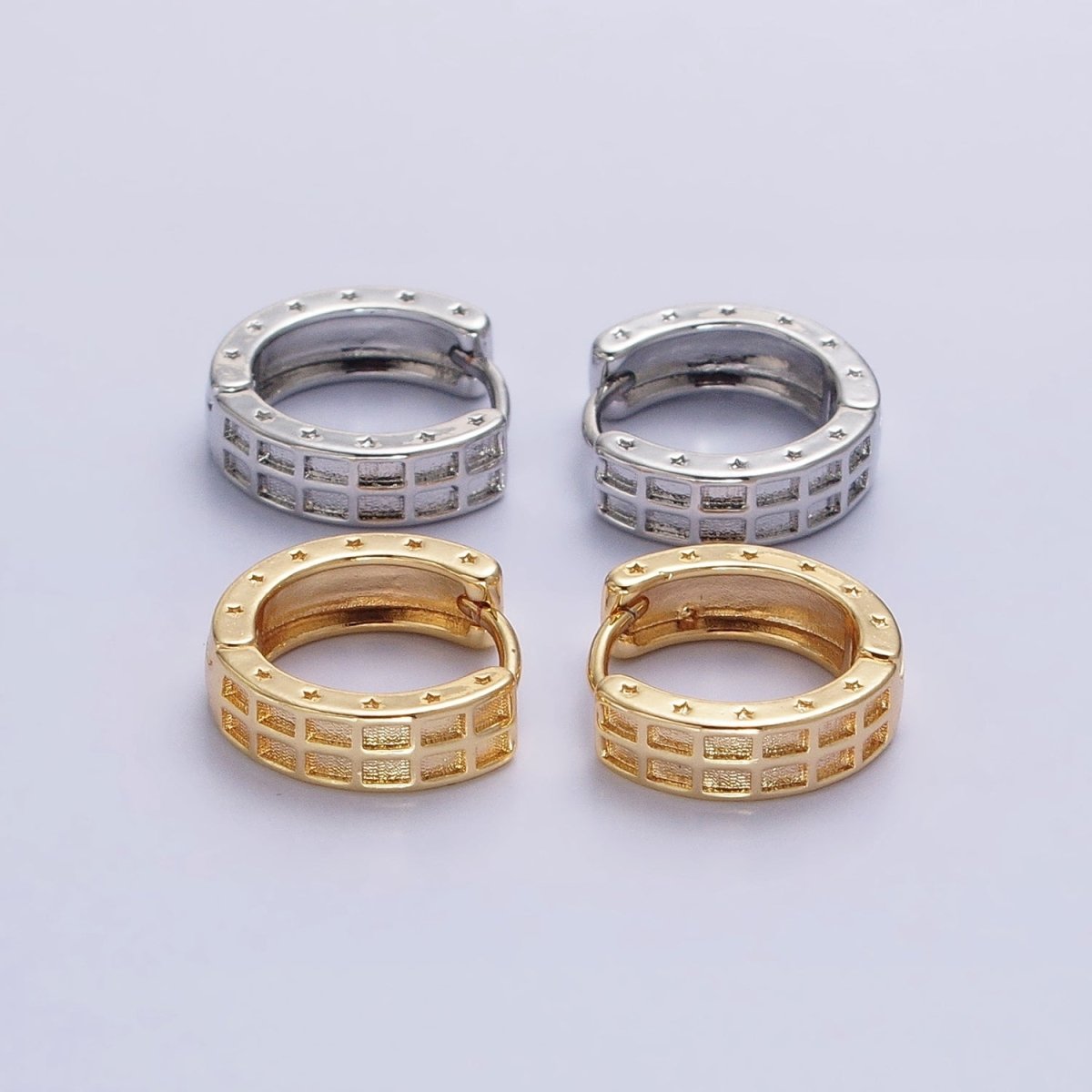 Gold, Silver Double Wide Rectangular Celestial Star Pressed 13mm Huggie Earrings | AB970 AB971