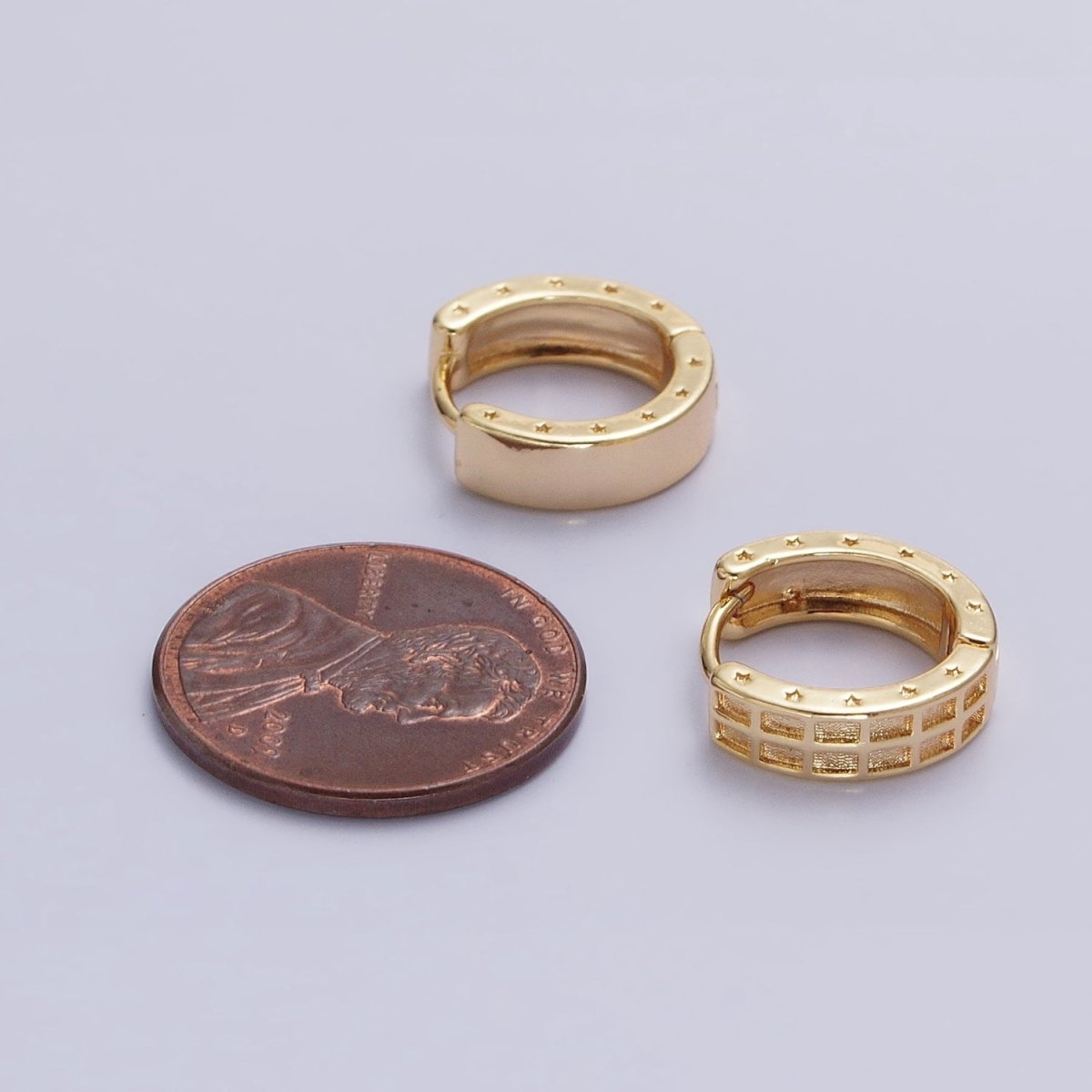 Gold, Silver Double Wide Rectangular Celestial Star Pressed 13mm Huggie Earrings | AB970 AB971