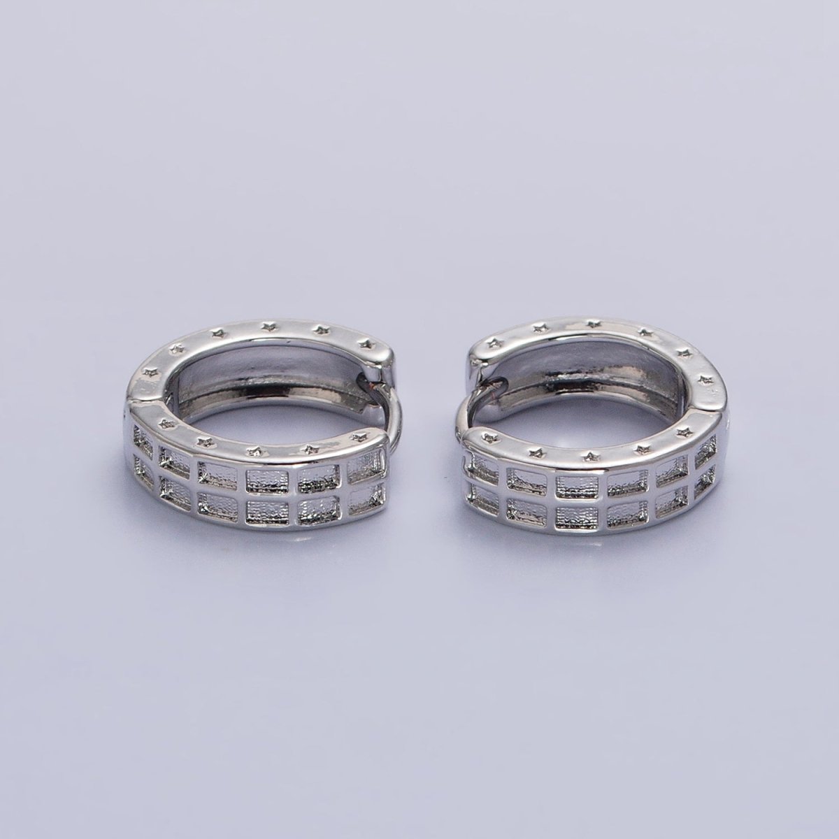 Gold, Silver Double Wide Rectangular Celestial Star Pressed 13mm Huggie Earrings | AB970 AB971