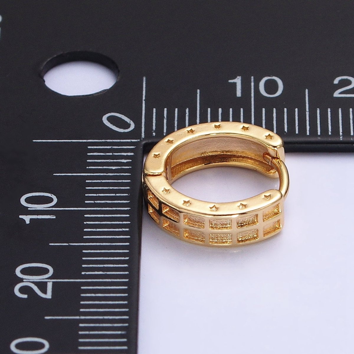 Gold, Silver Double Wide Rectangular Celestial Star Pressed 13mm Huggie Earrings | AB970 AB971