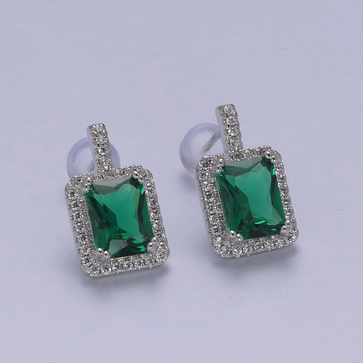 Gold / Silver Emerald Green CZ Paved Ear Posts Rectangle CZ Earring Studs For Party T-343 ~ T-354