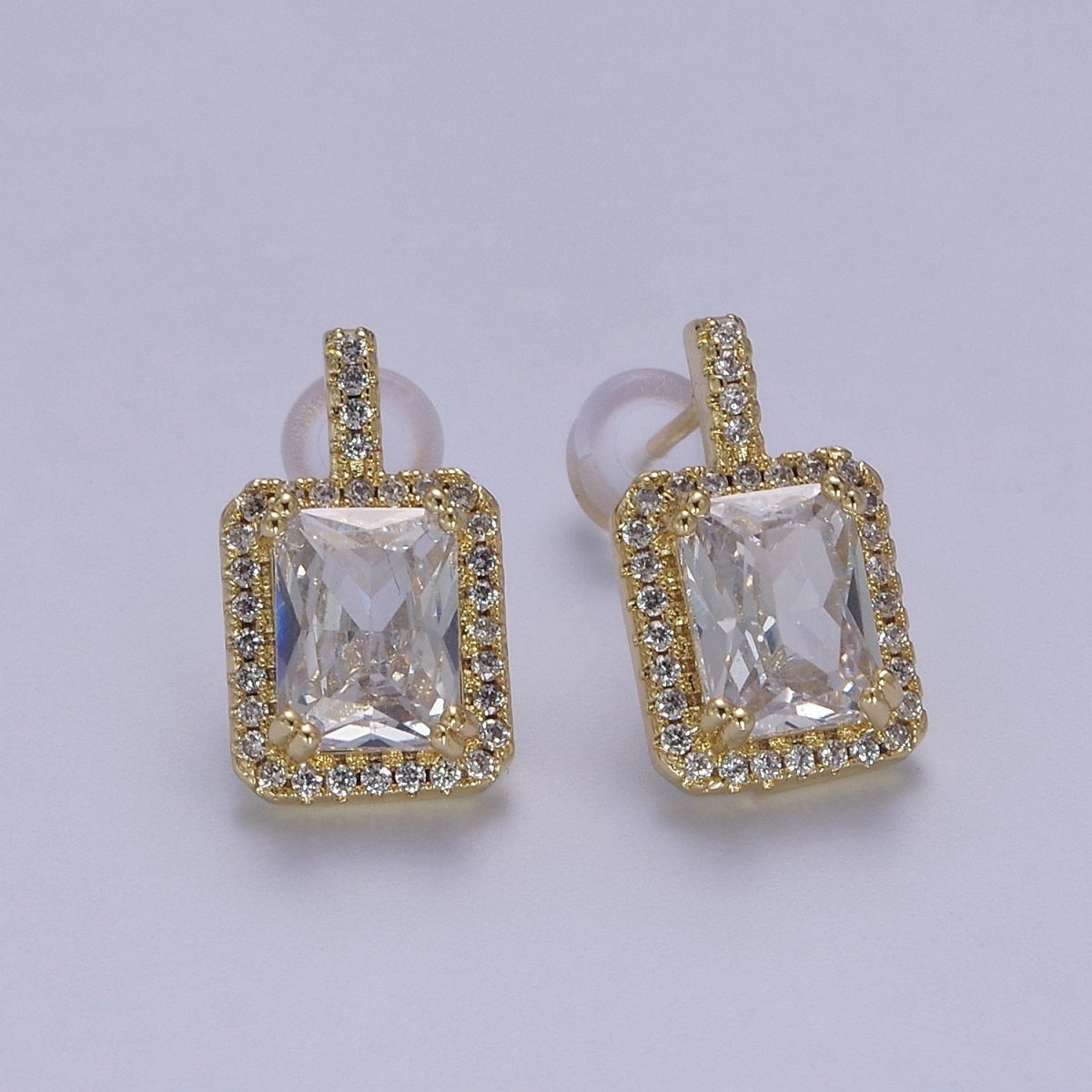Gold / Silver Emerald Green CZ Paved Ear Posts Rectangle CZ Earring Studs For Party T-343 ~ T-354