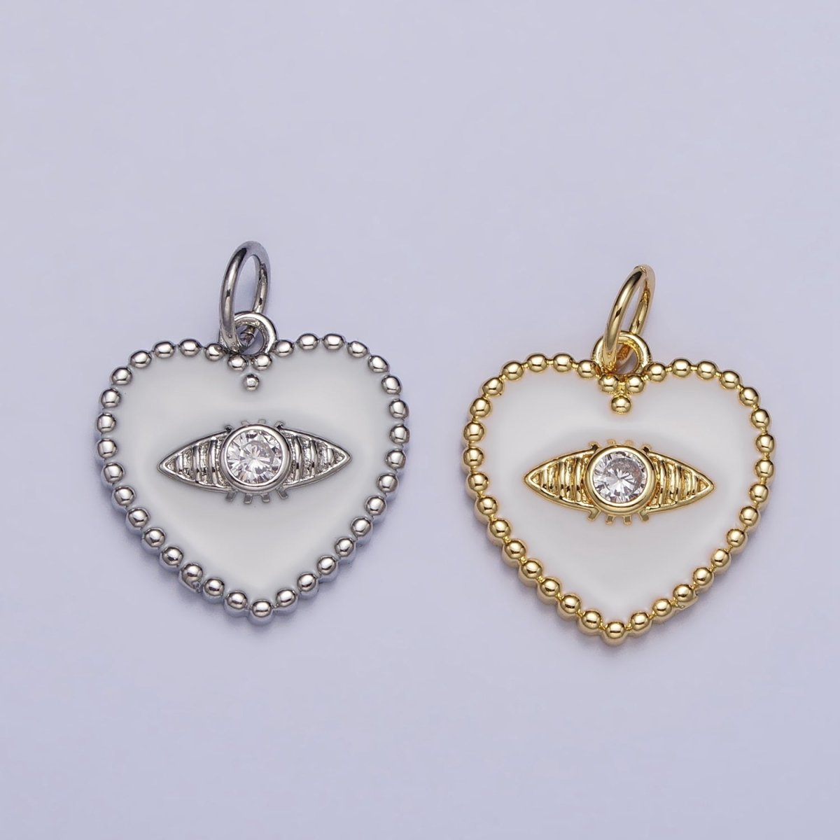 Gold, Silver Evil Eye Clear CZ White Enamel Beaded Heart Charm | AC999 AC1000