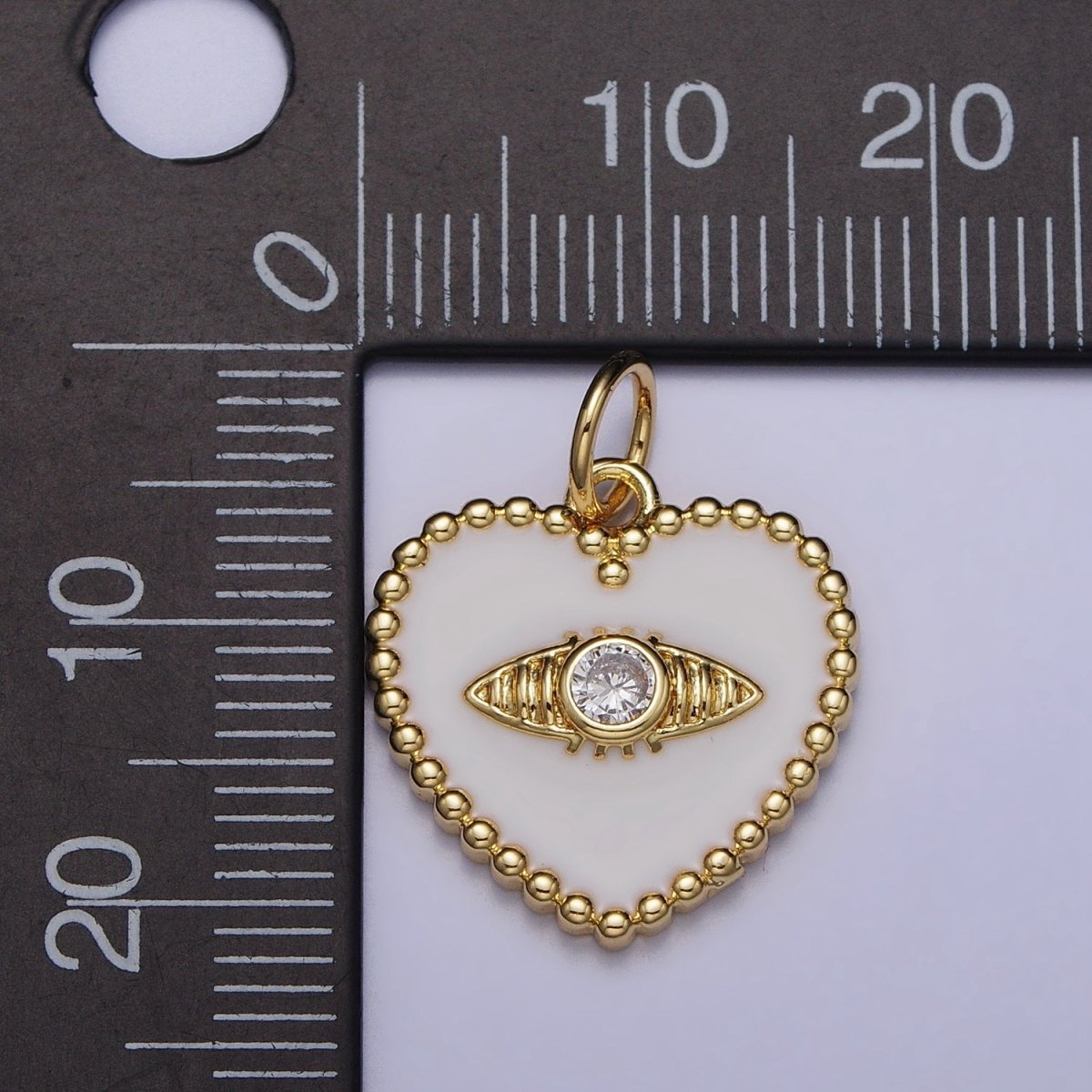 Gold, Silver Evil Eye Clear CZ White Enamel Beaded Heart Charm | AC999 AC1000