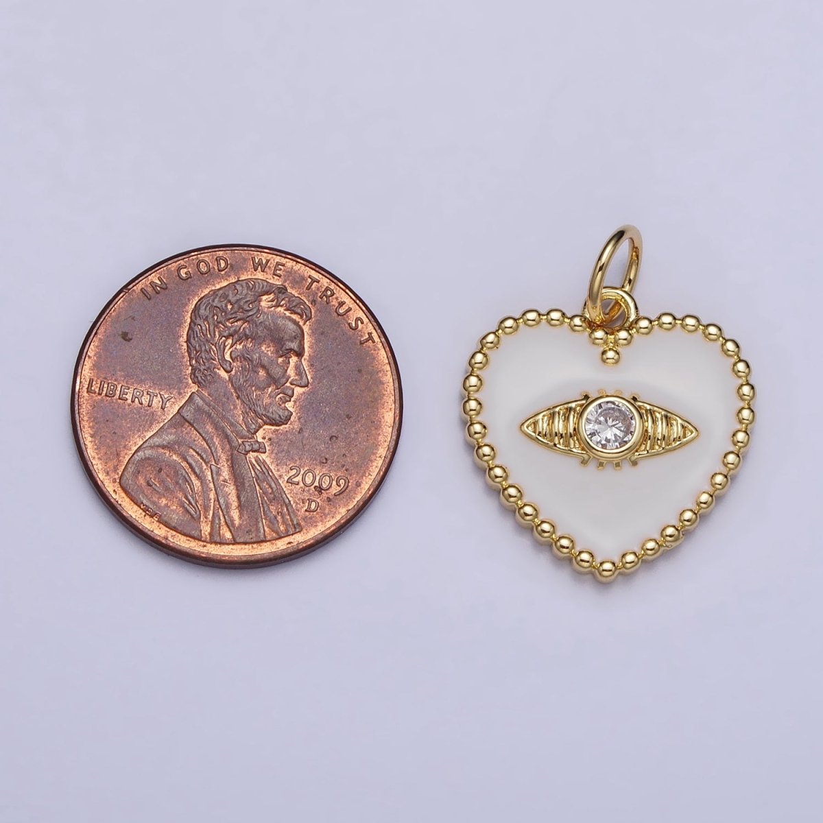 Gold, Silver Evil Eye Clear CZ White Enamel Beaded Heart Charm | AC999 AC1000