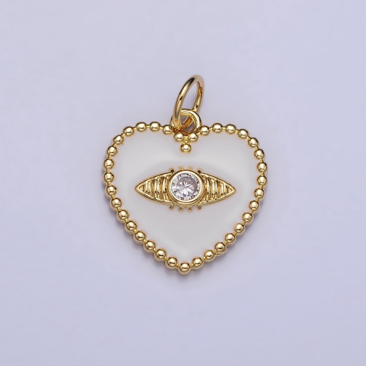 Gold, Silver Evil Eye Clear CZ White Enamel Beaded Heart Charm | AC999 AC1000