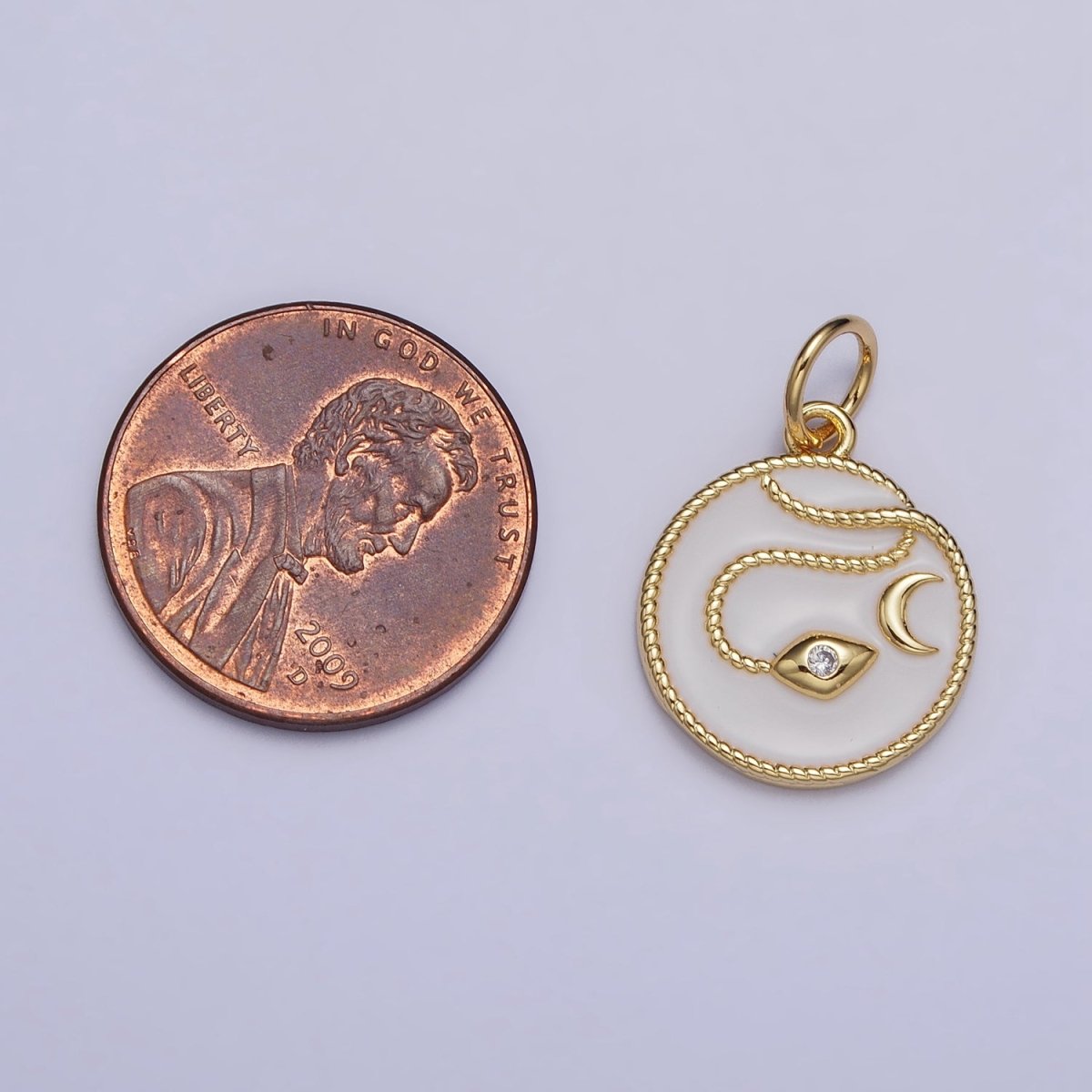 Gold, Silver Evil Eye CZ Crescent Moon Rope Coiled White Enamel Charm | AC1011 AC1012