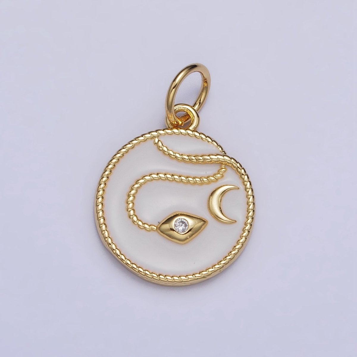 Gold, Silver Evil Eye CZ Crescent Moon Rope Coiled White Enamel Charm | AC1011 AC1012
