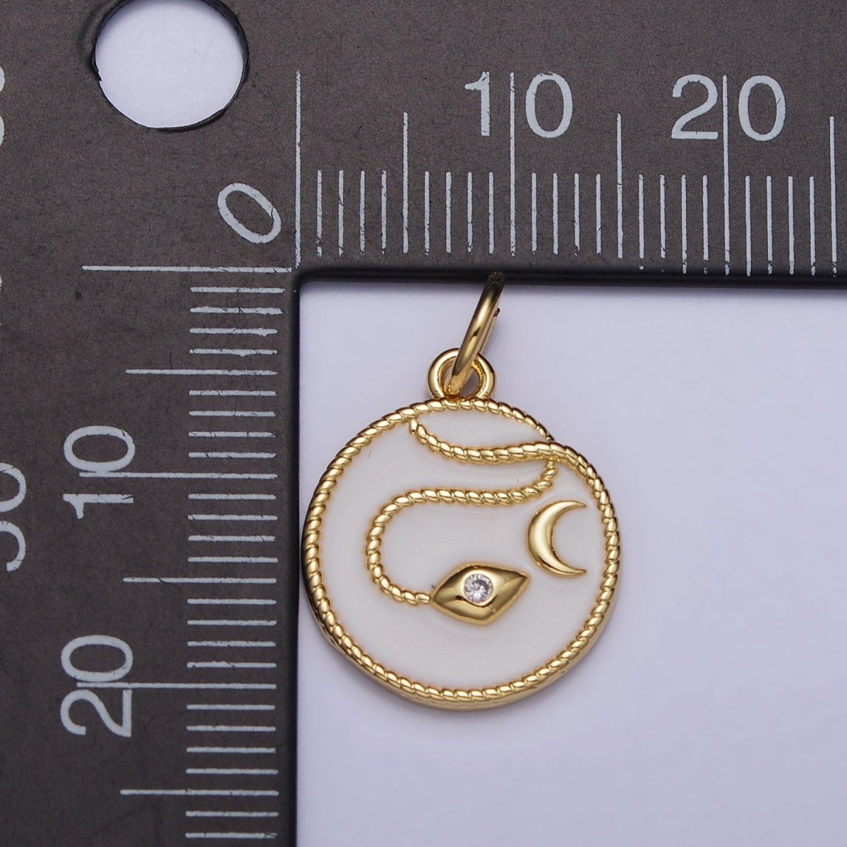 Gold, Silver Evil Eye CZ Crescent Moon Rope Coiled White Enamel Charm | AC1011 AC1012