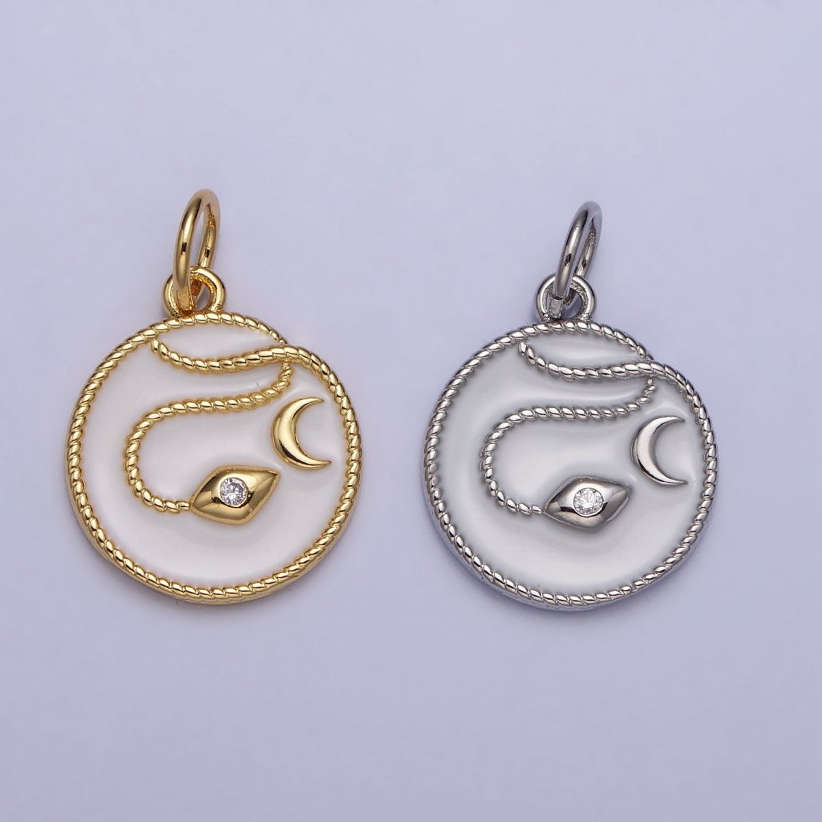 Gold, Silver Evil Eye CZ Crescent Moon Rope Coiled White Enamel Charm | AC1011 AC1012