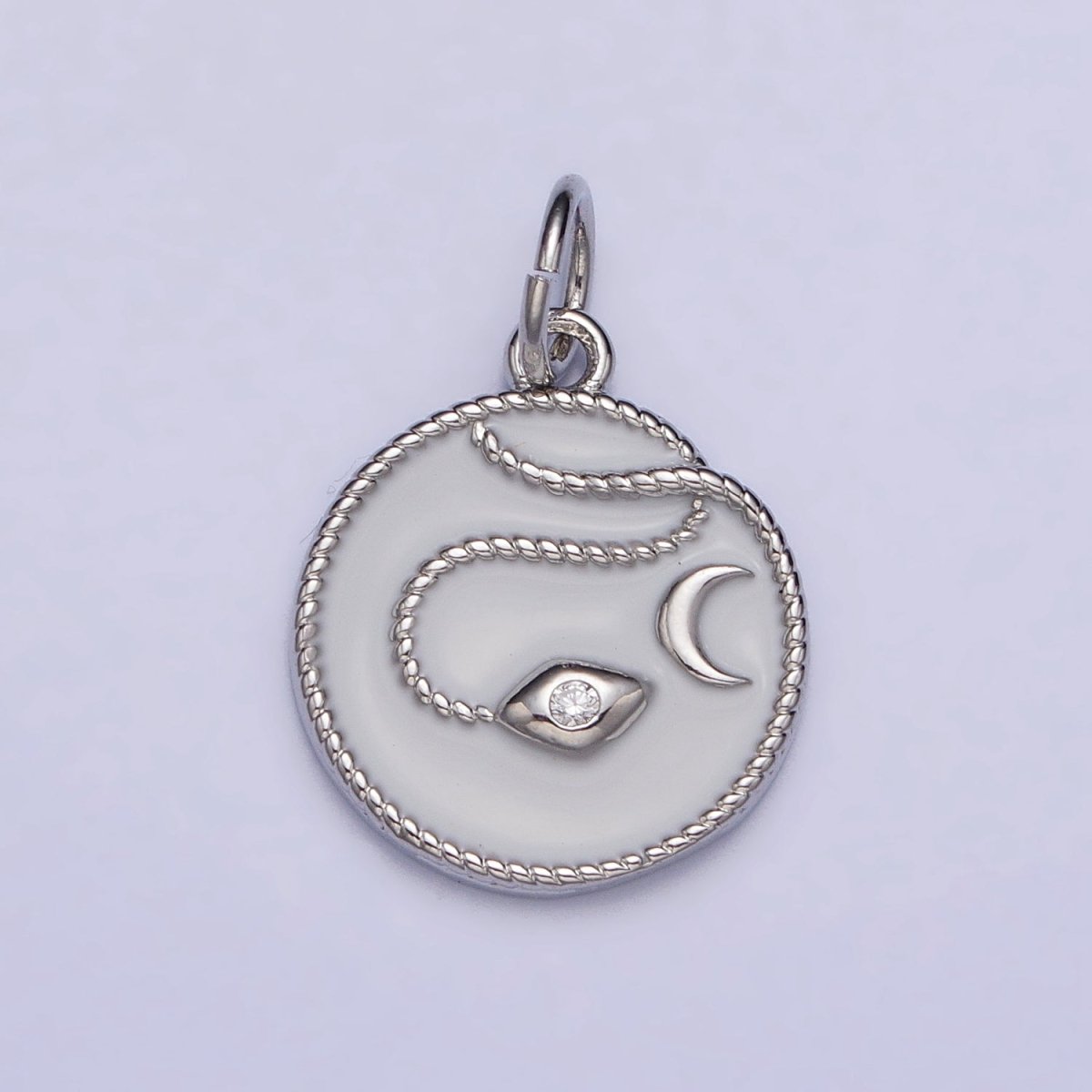 Gold, Silver Evil Eye CZ Crescent Moon Rope Coiled White Enamel Charm | AC1011 AC1012