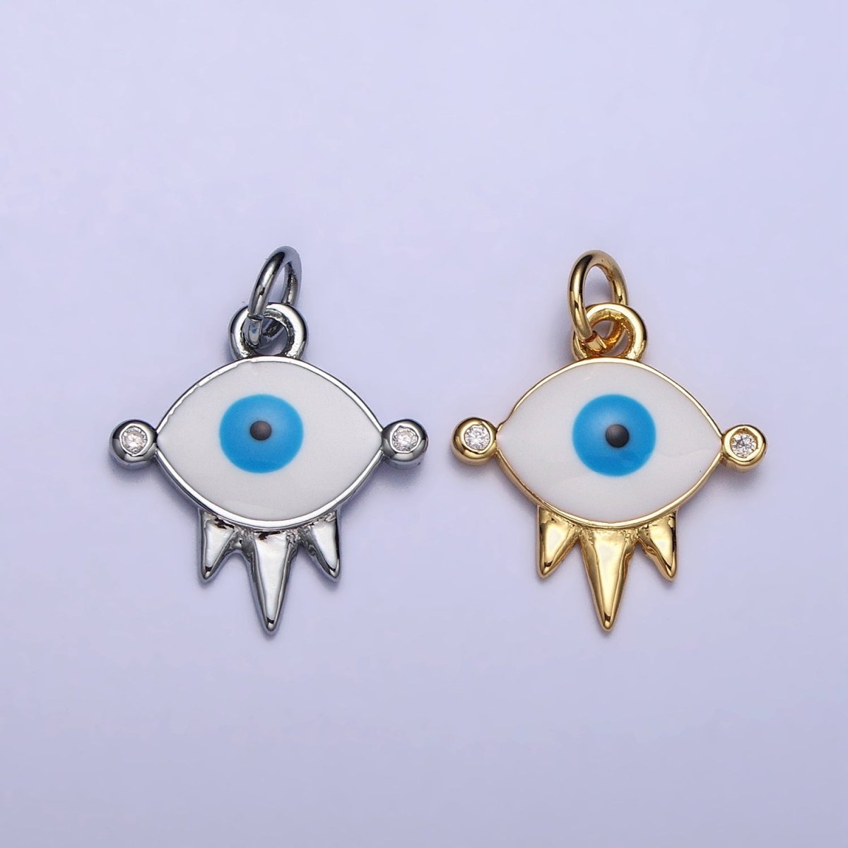 Gold, Silver Evil Eye White Enamel Clear CZ Triple Spiked Charm | AC1030 AC1031