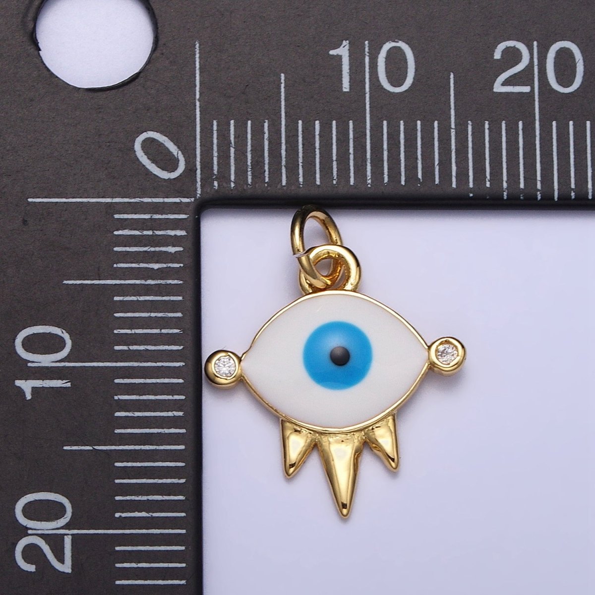 Gold, Silver Evil Eye White Enamel Clear CZ Triple Spiked Charm | AC1030 AC1031