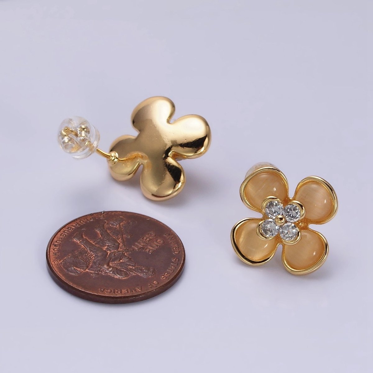 Gold, Silver Flower Cats Eye Gemstone Micro Paved CZ Stud Earrings | AD954 AD955