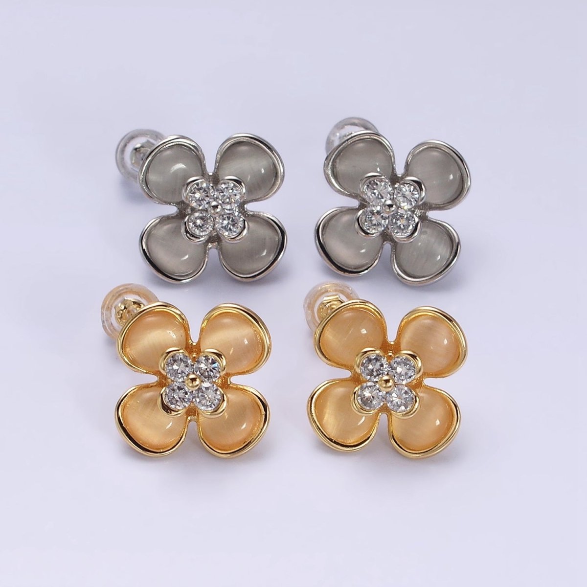Gold, Silver Flower Cats Eye Gemstone Micro Paved CZ Stud Earrings | AD954 AD955