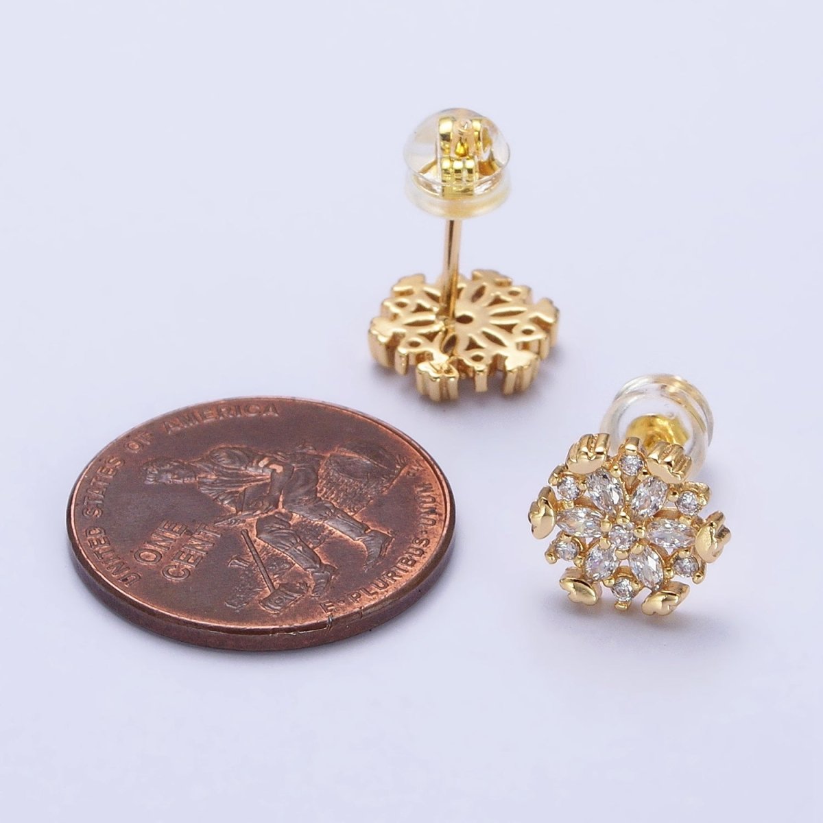 Gold, Silver Flower Snowflake Clear CZ Marquise Stud Earrings | AB372 AB373