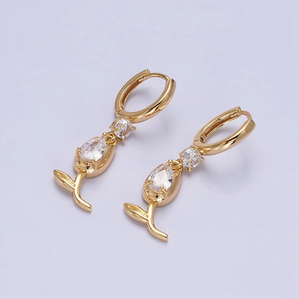 Gold, Silver Flower Tulip Clear CZ Drop Dangle Huggie Earrings | AD781 AD783