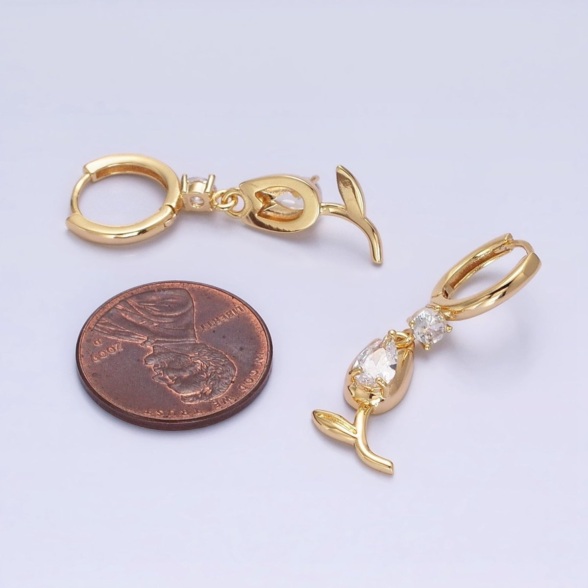 Gold, Silver Flower Tulip Clear CZ Drop Dangle Huggie Earrings | AD781 AD783