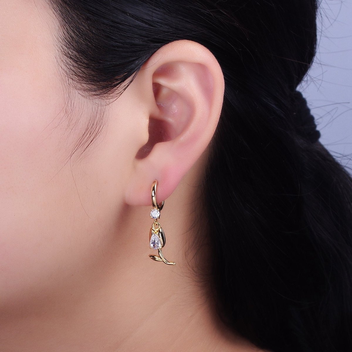 Gold, Silver Flower Tulip Clear CZ Drop Dangle Huggie Earrings | AD781 AD783