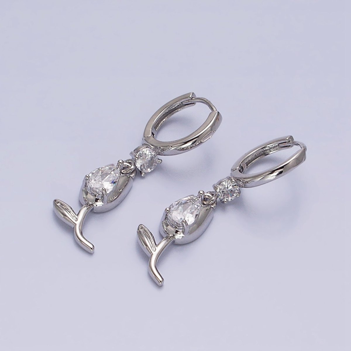 Gold, Silver Flower Tulip Clear CZ Drop Dangle Huggie Earrings | AD781 AD783