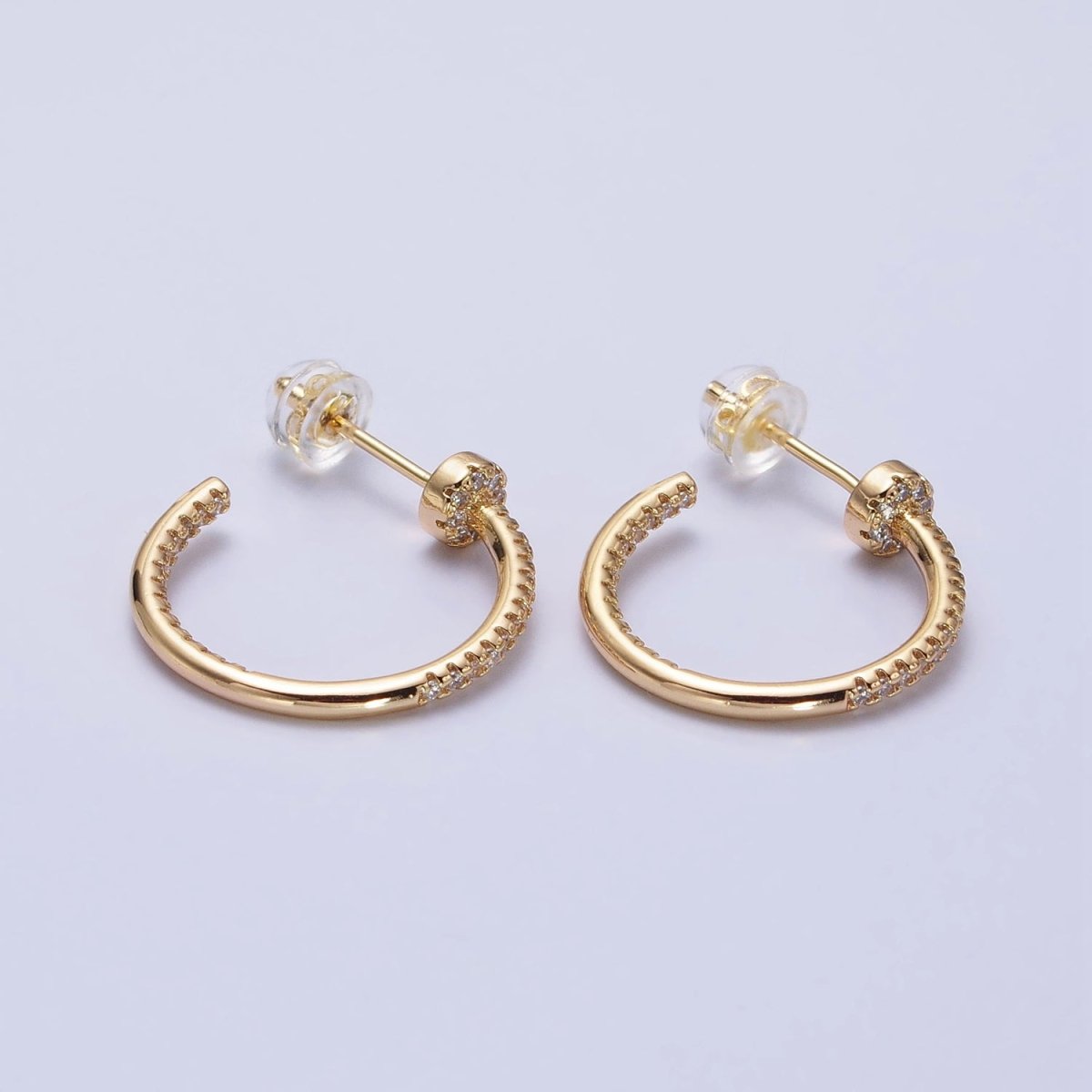 Gold, Silver Front-Sided Clear Micro Paved CZ Needle Hoop Earrings | AB370 AB371