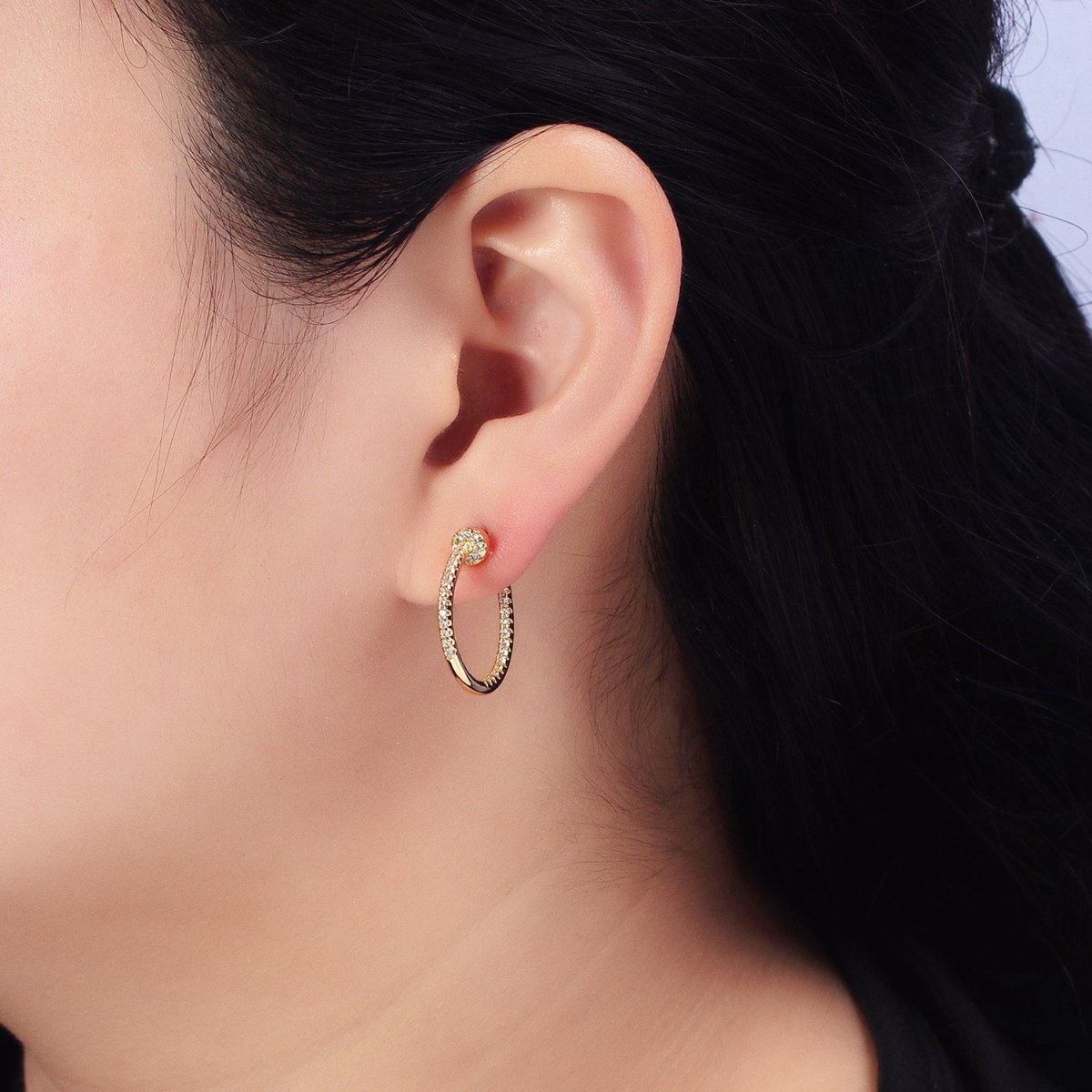 Gold, Silver Front-Sided Clear Micro Paved CZ Needle Hoop Earrings | AB370 AB371