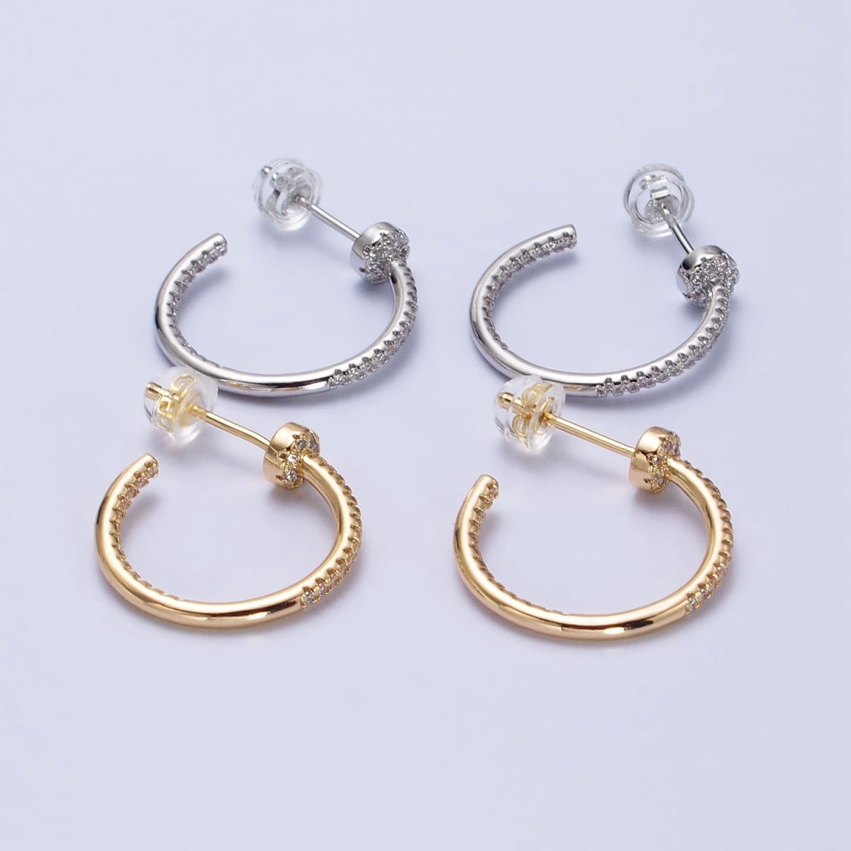Gold, Silver Front-Sided Clear Micro Paved CZ Needle Hoop Earrings | AB370 AB371