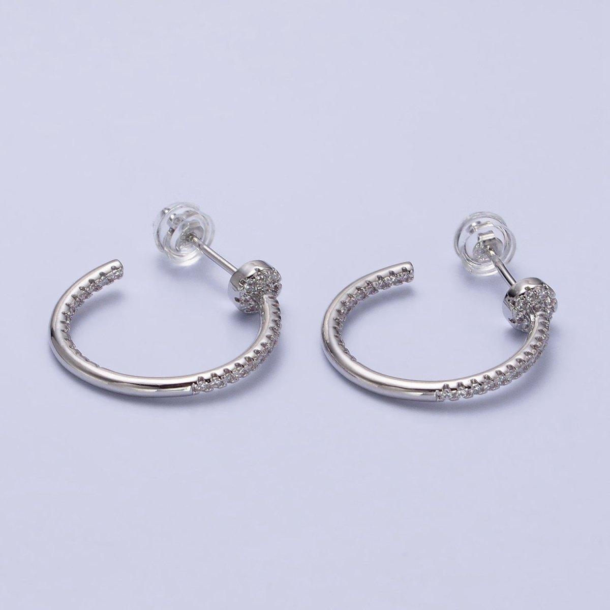 Gold, Silver Front-Sided Clear Micro Paved CZ Needle Hoop Earrings | AB370 AB371