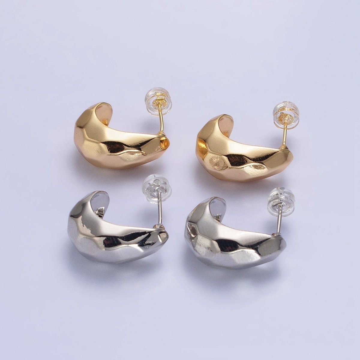 Gold, Silver Geometric Abstract Multifaceted C-Shaped Dome Hoop Earrings | AB587 AB588
