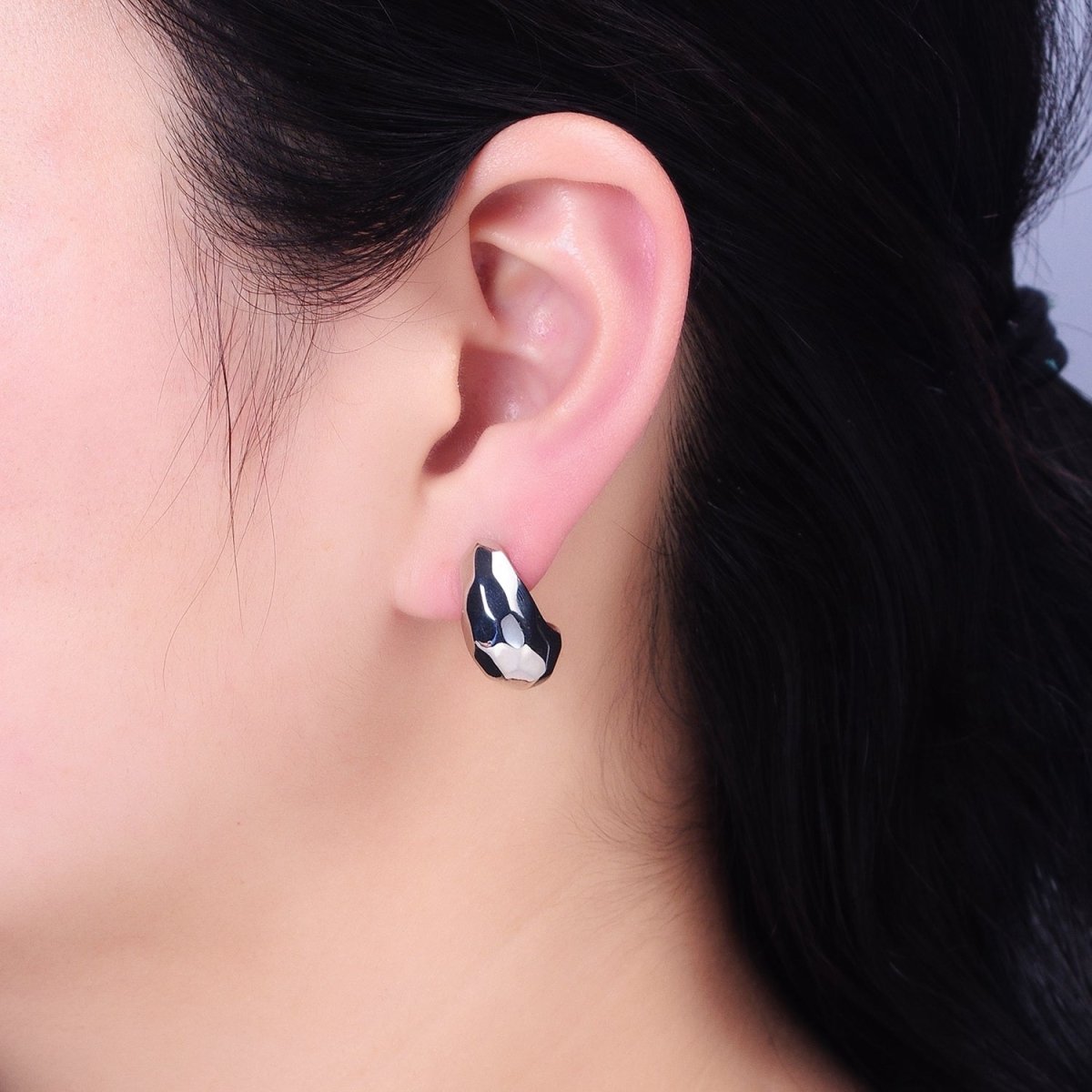 Gold, Silver Geometric Abstract Multifaceted C-Shaped Dome Hoop Earrings | AB587 AB588