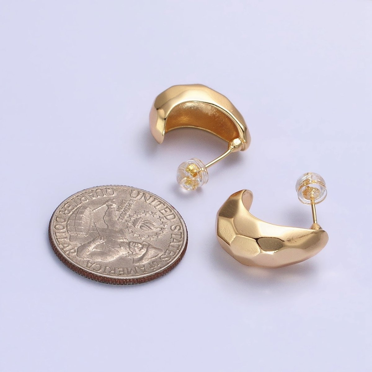 Gold, Silver Geometric Abstract Multifaceted C-Shaped Dome Hoop Earrings | AB587 AB588