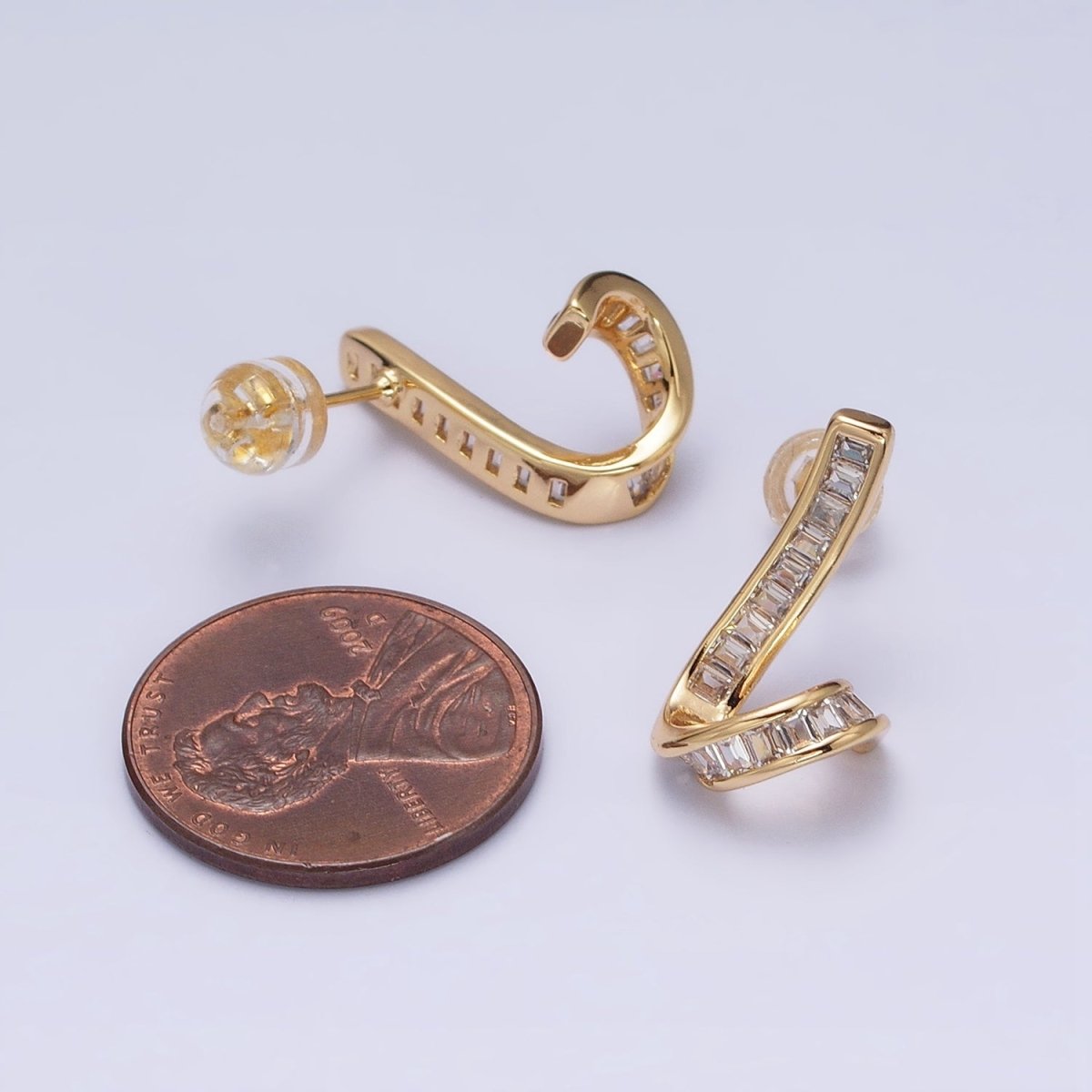 Gold, Silver Geometric Clear Baguette Bar Twirl Stud Earrings | AD893 AD894