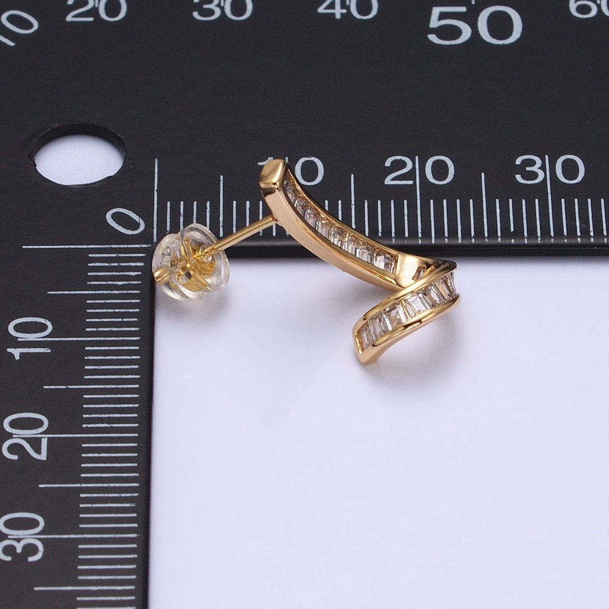 Gold, Silver Geometric Clear Baguette Bar Twirl Stud Earrings | AD893 AD894