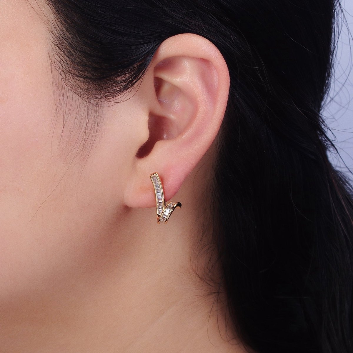 Gold, Silver Geometric Clear Baguette Bar Twirl Stud Earrings | AD893 AD894