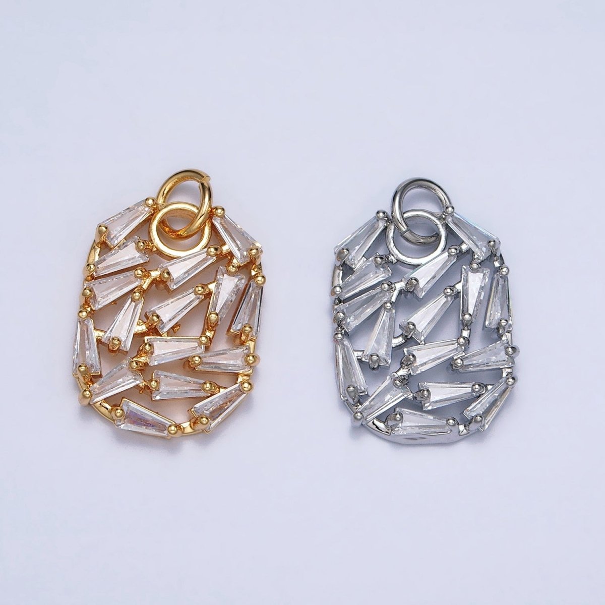Gold, Silver Geometric Clear Baguette CZ Open 20mm Oblong Oval Charm | AC609 AC610