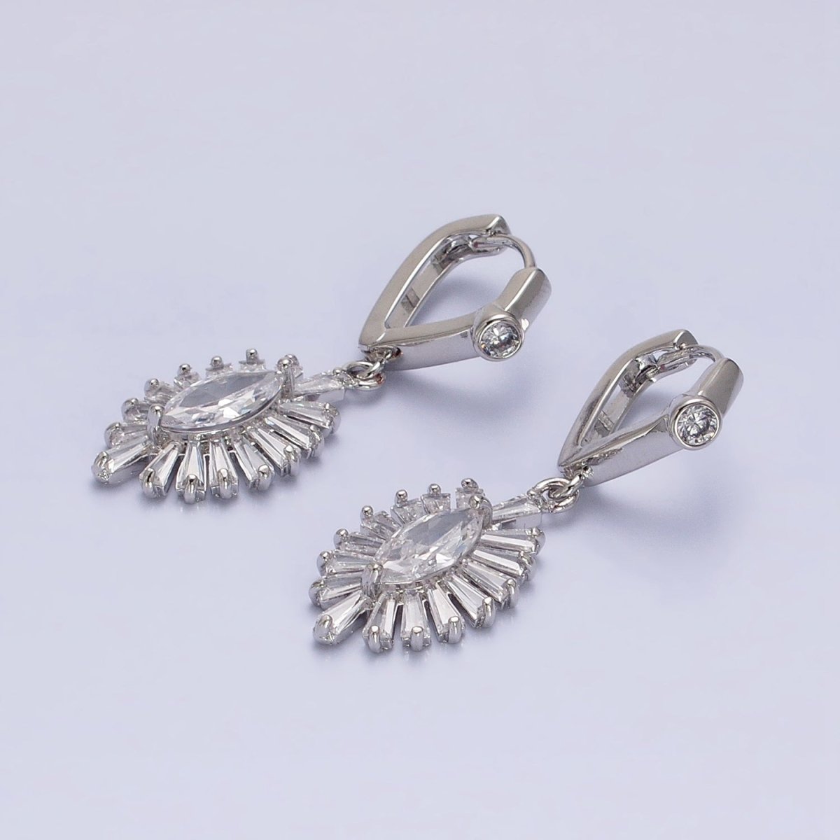 Gold, Silver Geometric Marquise Baguette Drop CZ Diamond Rhombus Huggie Earrings | AD806 AD807