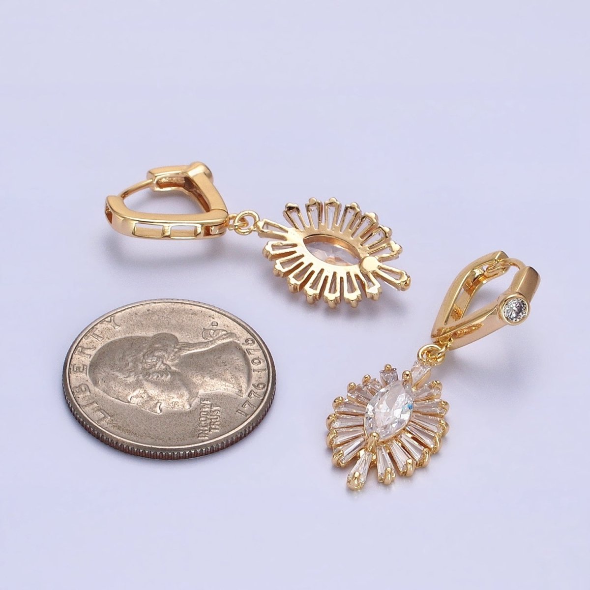 Gold, Silver Geometric Marquise Baguette Drop CZ Diamond Rhombus Huggie Earrings | AD806 AD807