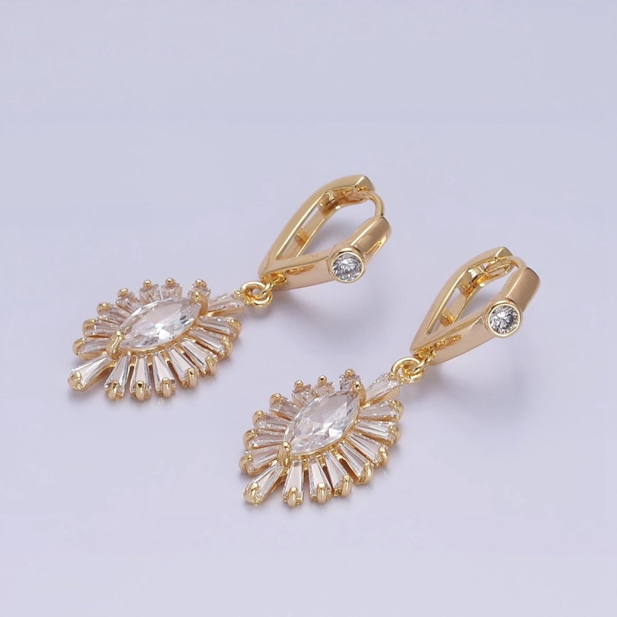 Gold, Silver Geometric Marquise Baguette Drop CZ Diamond Rhombus Huggie Earrings | AD806 AD807
