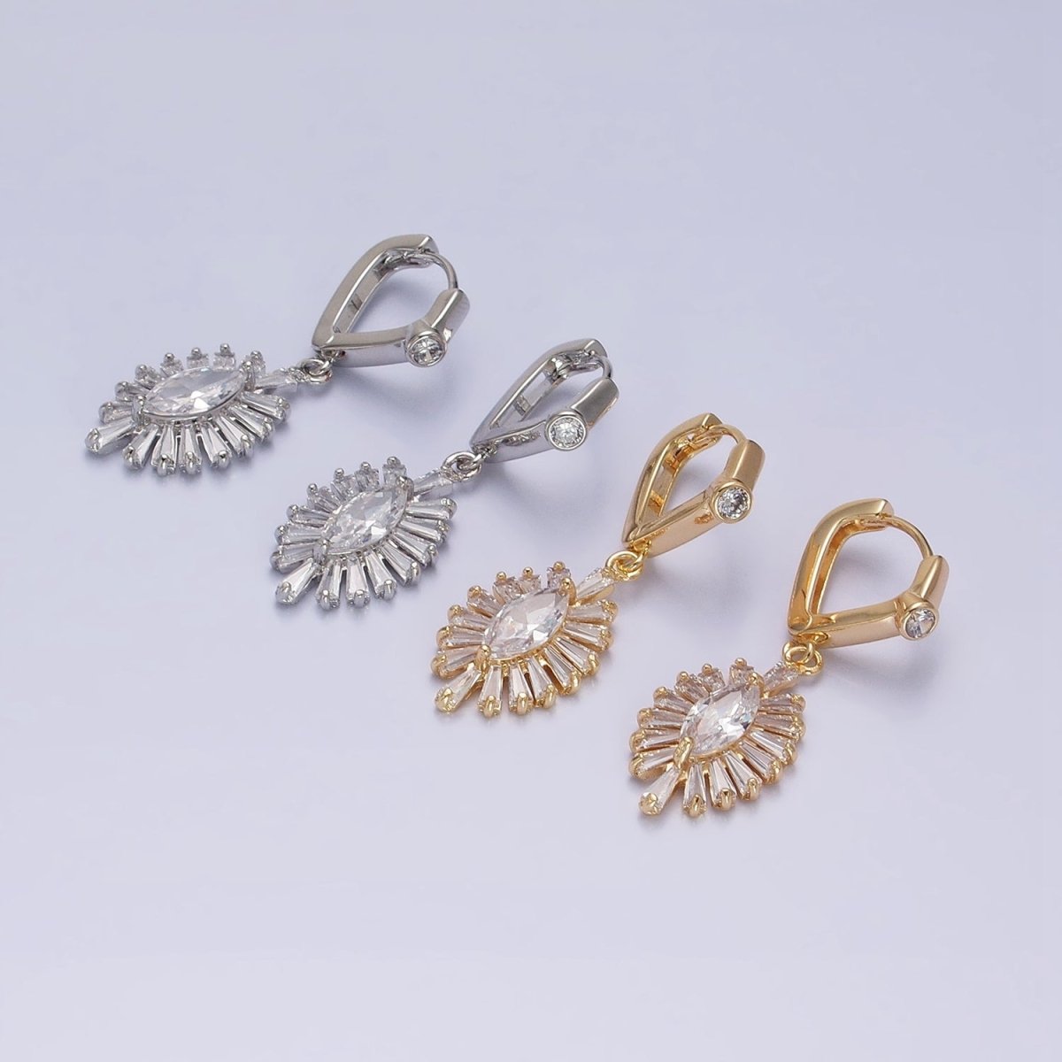 Gold, Silver Geometric Marquise Baguette Drop CZ Diamond Rhombus Huggie Earrings | AD806 AD807