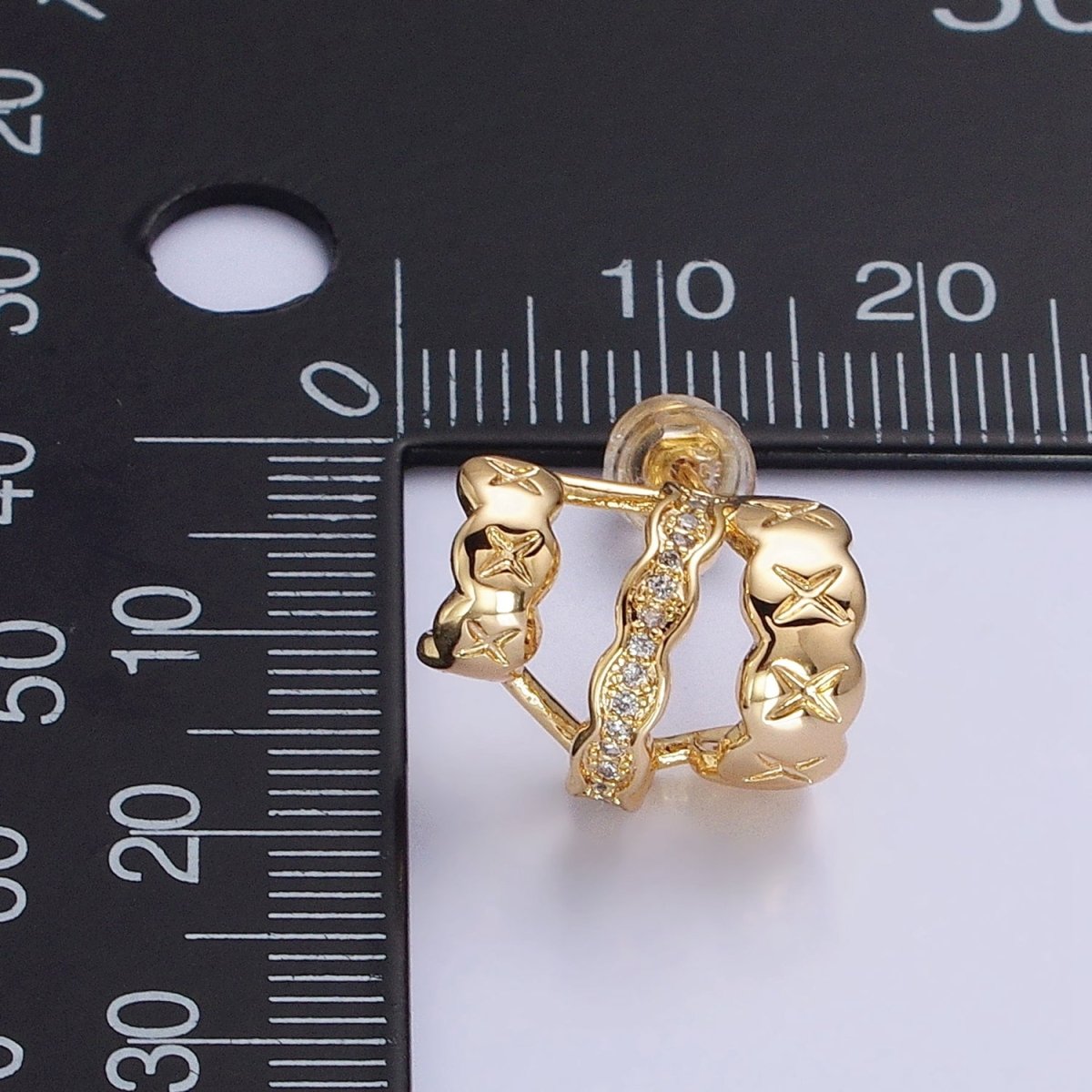 Gold, Silver Geometric Triple C-Shaped Cross X Micro Paved CZ Band Stud Earrings | AB583 AB584