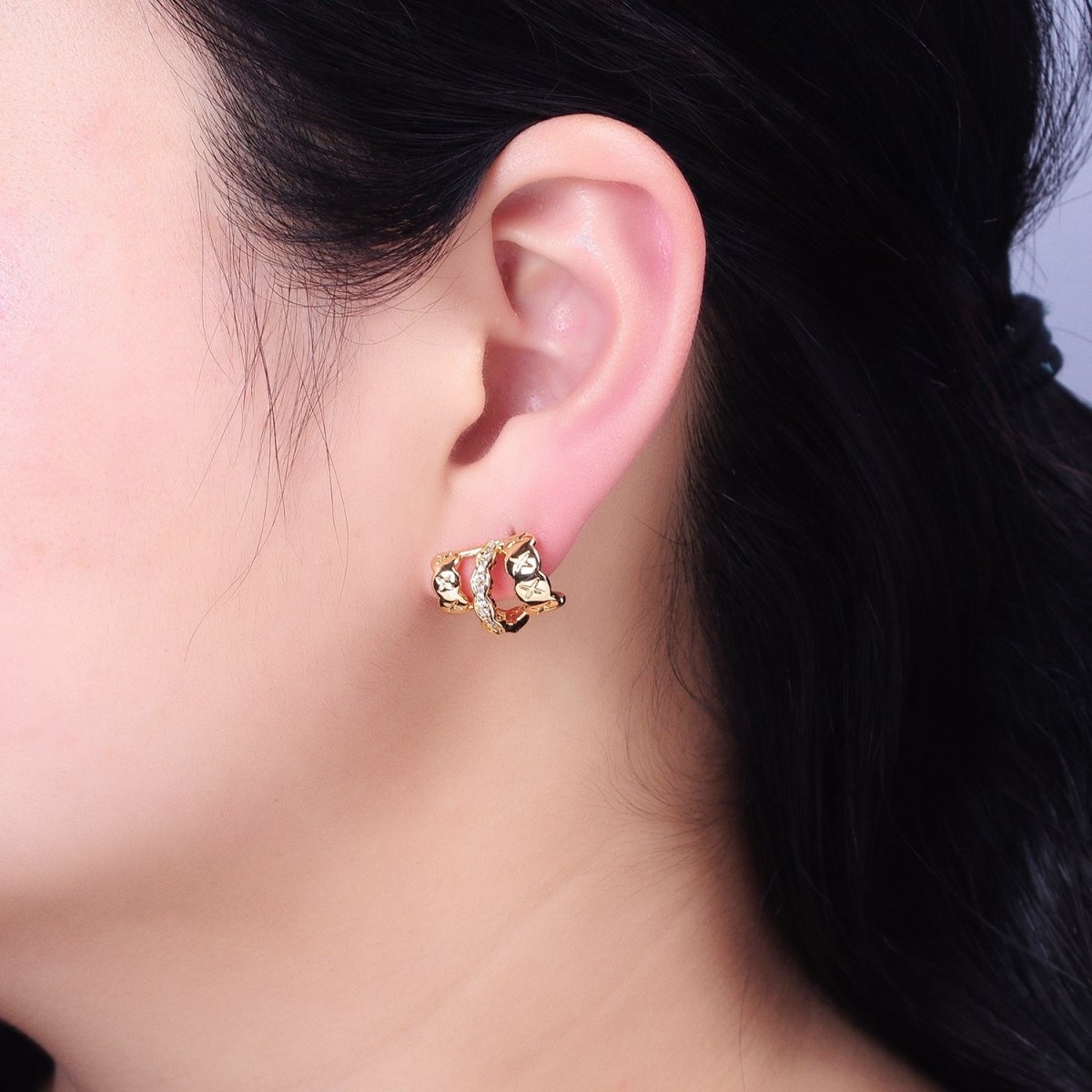 Gold, Silver Geometric Triple C-Shaped Cross X Micro Paved CZ Band Stud Earrings | AB583 AB584