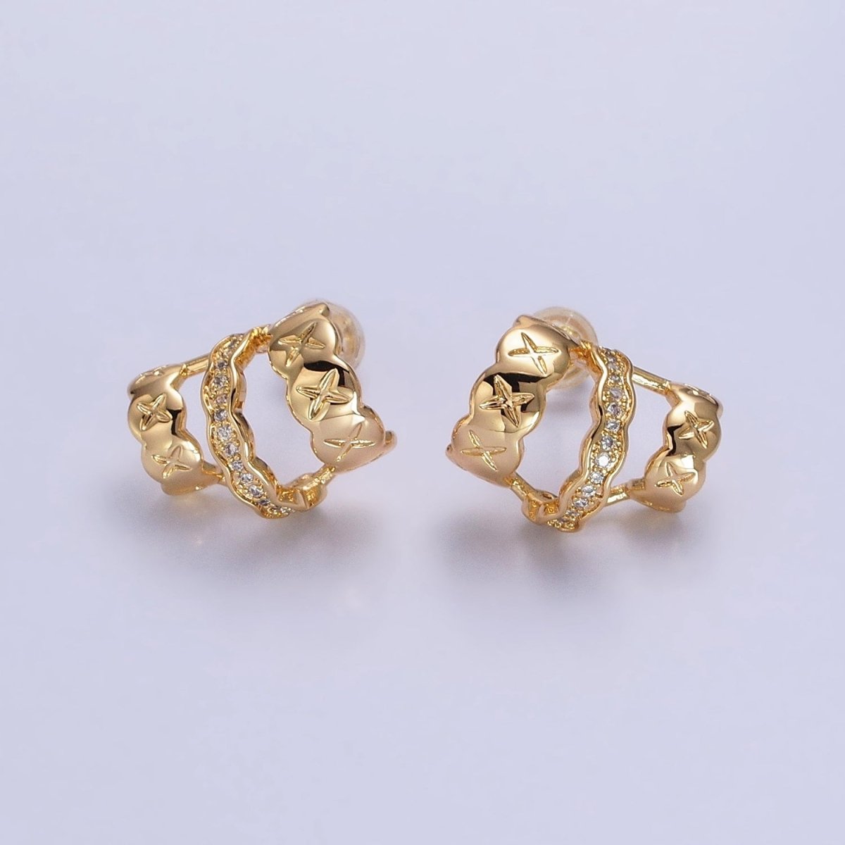 Gold, Silver Geometric Triple C-Shaped Cross X Micro Paved CZ Band Stud Earrings | AB583 AB584