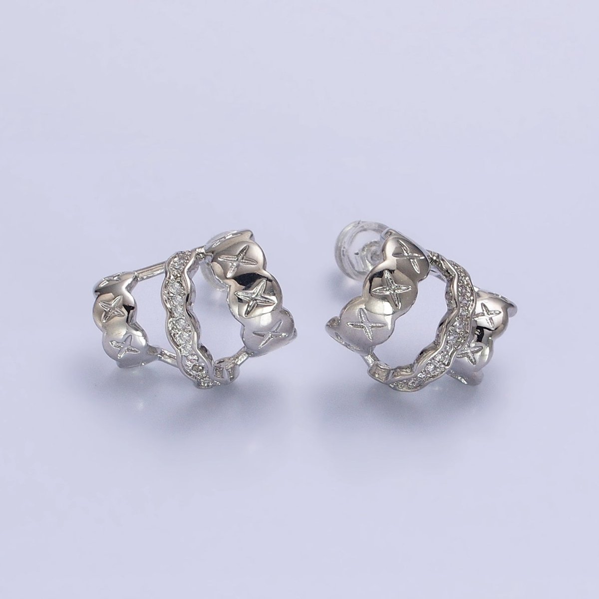 Gold, Silver Geometric Triple C-Shaped Cross X Micro Paved CZ Band Stud Earrings | AB583 AB584