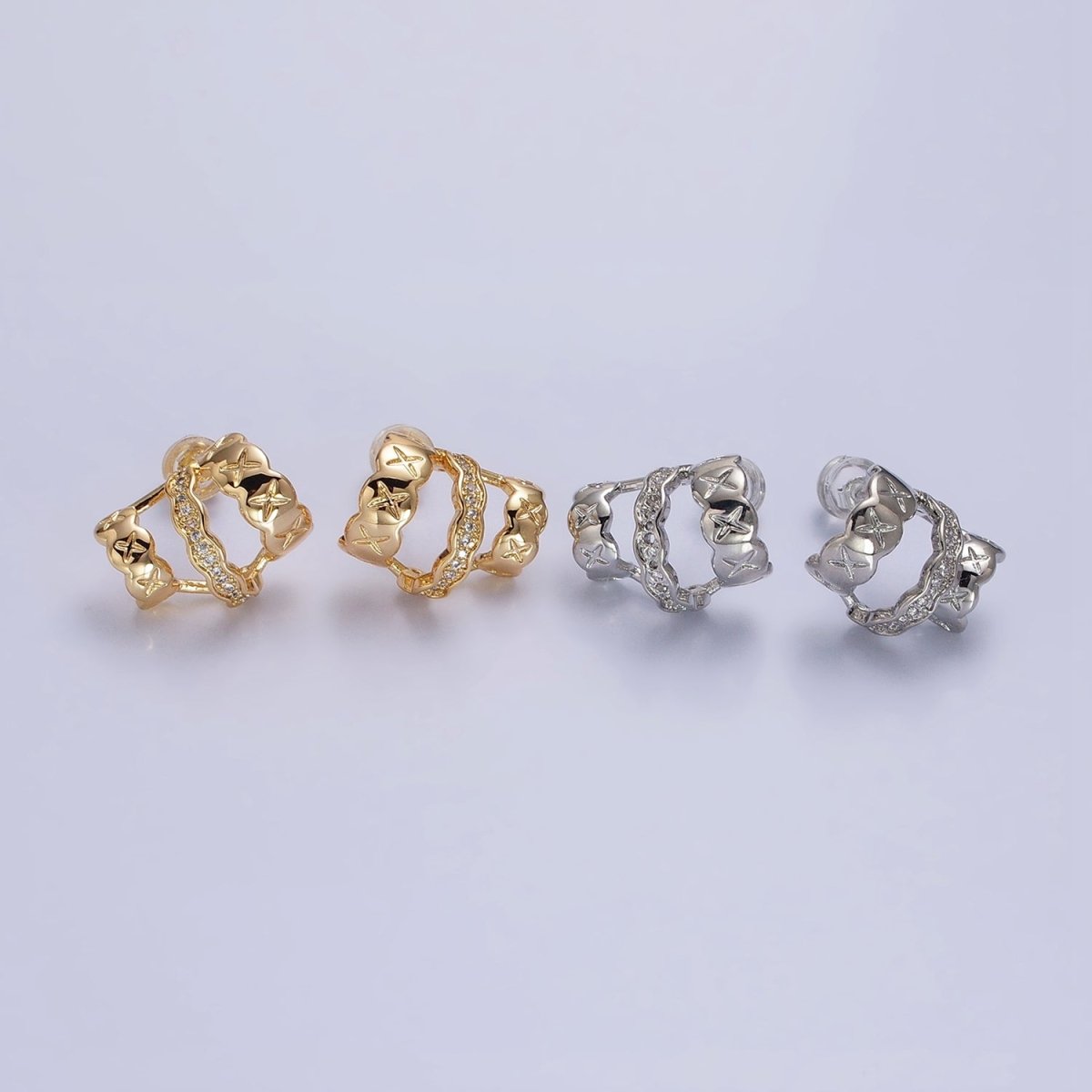 Gold, Silver Geometric Triple C-Shaped Cross X Micro Paved CZ Band Stud Earrings | AB583 AB584