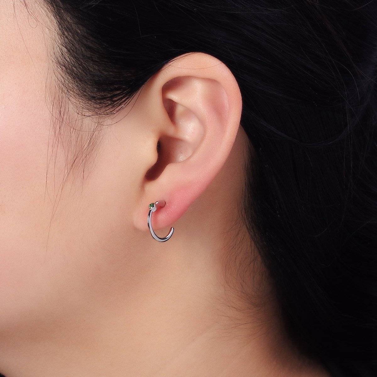 Gold, Silver Green CZ C-Shaped 14mm Minimalist Hoop Earrings in Gold & Silver | AB377 AB400